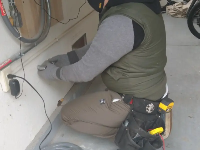 Electrician performing outlet wiring in a Tioga garage